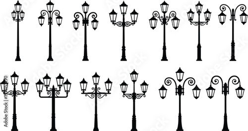 Vintage street lamp set vector illustration collection of classic lantern posts silhouettes decorative urban lighting design elements isolated style