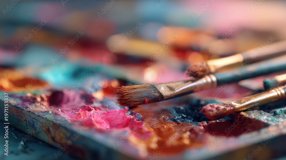 Fototapeta premium Medium shot of a color mixing palette with vibrant paint blobs in sharp focus blurred brushes and swatches in the background for hue experimentation.