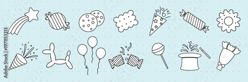 Doodle icons of party elements: star, candy, cookies, balloons, confetti, and magic hat. Party, fun, and celebration themes with festive doodles. Doodle vector illustration set.