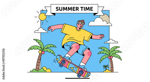 Teen Skateboarder Jumping Trick with Summer Banner and Copy Space Illustration