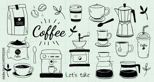 Coffee icons with cups, beans, and pots. Coffee beans, cups, and pots in black and white. Enjoy coffee with cups, beans, and brewing pots. Doodle illustrations, vector set.