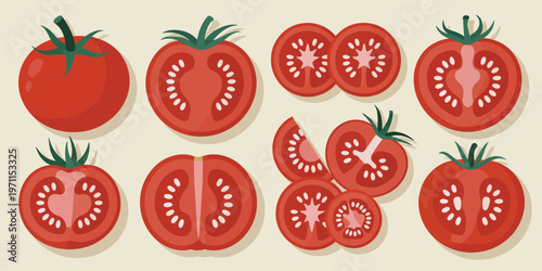 Red tomato set, ripe tomatoes whole and sliced sections with visible seeds, presented as cartoon fresh farm garden vegetables, organic vegetarian food product vector collection isolated 