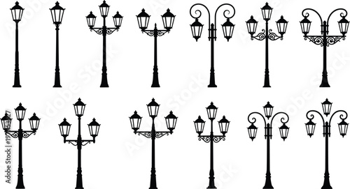 Vintage street lamp silhouettes vector illustration set of classic decorative lantern posts urban lighting elements isolated black design collection