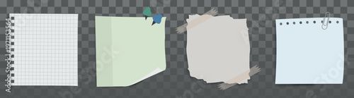 Set of four paper notes: grid paper, green sticky note, taped beige paper, and blue note with paperclip. Notes for reminders, notes for lists, notes for ideas. Cute memo vector illustration set.