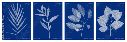 Cyanotype halftone overlay texture posters with leaves silhouettes. Vector soft blue wallpaper for cover, card and template