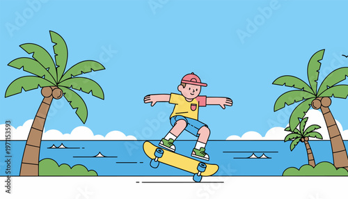 Happy Kid Doing Skateboard Trick by the Beach with Tropical Palm Trees Illustration