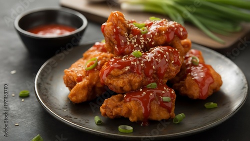 A plate of fried chicken with sauce