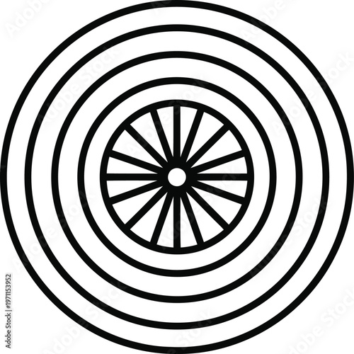 Simple black and white illustration of a wheel with spokes and concentric circles on a white background.