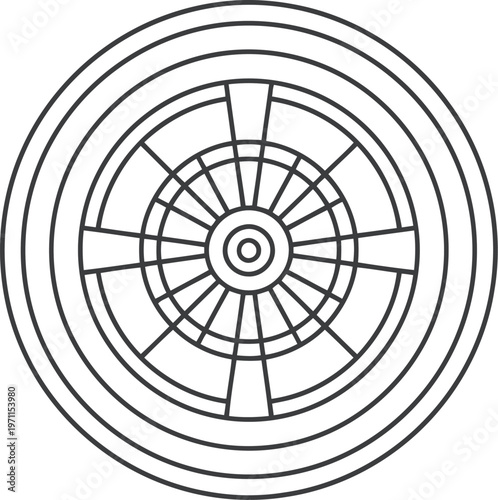 Simple black and white line drawing of a circular wheel rim with concentric rings and spokes