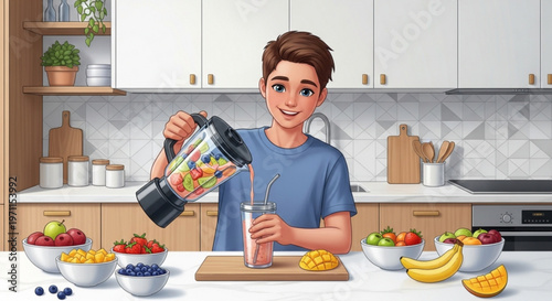 Young man making healthy fruit smoothie in kitchen using professional blender and fresh ingredients for nutritious breakfast routine at home