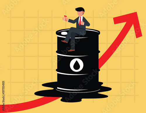Fuel oil price rising due to supply shortage impact by war. Cheerful businessman looking at oil price chart during wartime