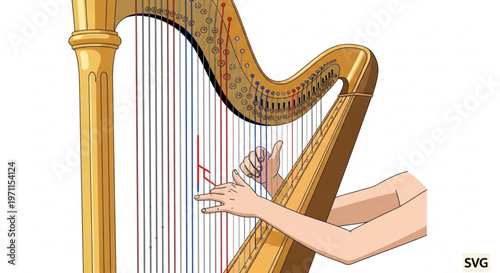 Hands playing concert harp with detailed strings and golden frame in professional musical instrument illustration for music education materials