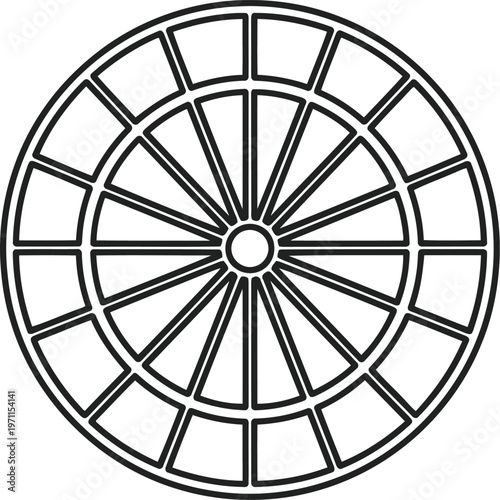 A simple black and white line drawing of a classic dartboard with circular segments and radial lines.