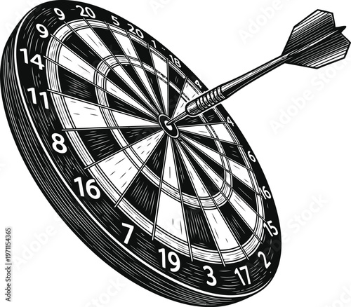 Vintage woodcut illustration of a dart hitting the bullseye on a traditional dartboard.