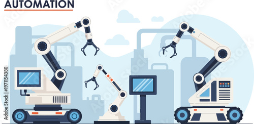Robotic arms in factory setting demonstrating industrial automation.