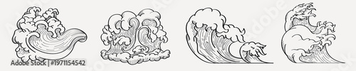 Four stylized wave illustrations, each wave uniquely designed. Ocean waves, artistic waves, decorative waves, each wave with distinct curves and details. Nature illustrations, isolated vector set.