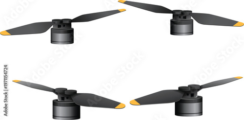 Four drone propellers with yellow tips arranged in a diamond shape on a white background, vector illustration