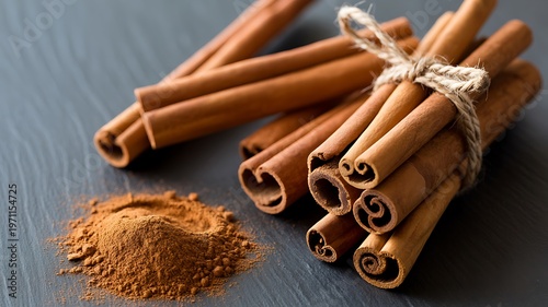 Cinnamon sticks and ground cinnamon spice on a gray surface