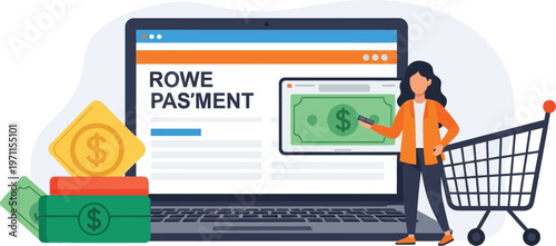 Woman points to online payment on laptop screen near shopping cart.