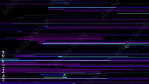 Abstract digital glitch overlay texture with bright purple and blue horizontal scanlines on a black background.
