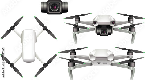Modern Drone Collection with Gimbal Camera and Propellers, Technology Gadget Vector Illustration