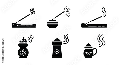 Set of 6 Incense Burner and Stick Vector Icons