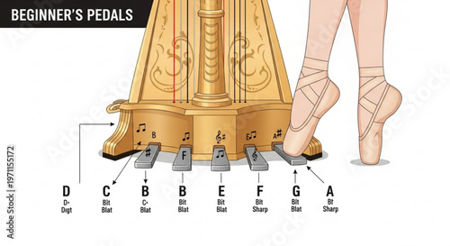 Beginner harp pedal diagram with ballet dancer feet demonstrating foot placement for musical performance training and professional orchestral technique