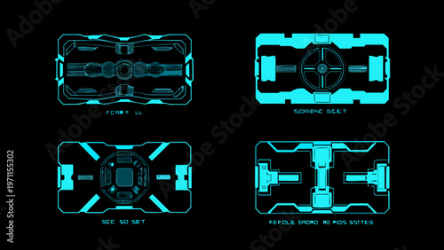 Four futuristic glowing blue designs resembling complex mechanical components