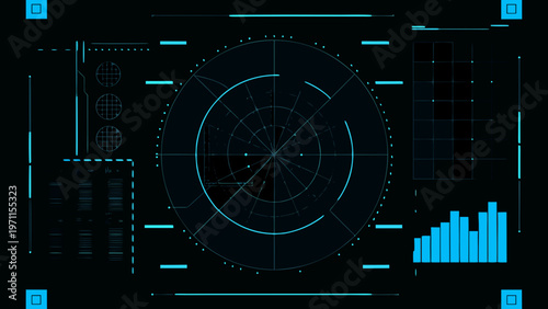 Futuristic radar screen display with geometric shapes and cyan lines