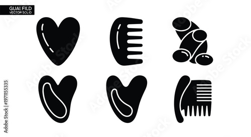 Set of 6 Black Gua Sha Massage Tools Vector Icons
