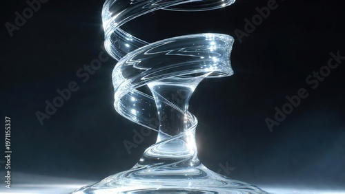 Abstract glass spiral sculpture with liquid transparency, elegant crystal swirl on dark background, artistic glasswork with light reflections