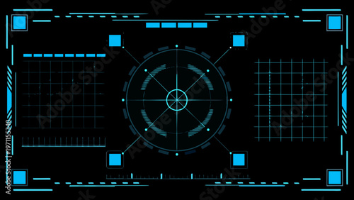Futuristic heads up display with targeting reticle on a black background