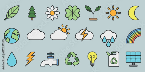 Eco icons set with nature symbols: leaf, tree, flower, sun, moon, earth, cloud, rainbow, water, energy, recycle. Simple eco-friendly design elements. Nature illustrations, isolated element vector set.