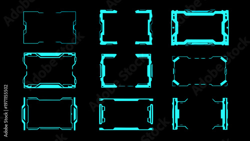 Futuristic blue frames and borders arranged in a grid pattern on black