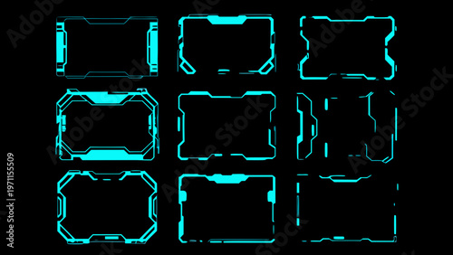 Futuristic turquoise frames and sci fi interface elements on black background