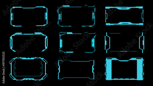 Futuristic blue frames and borders arranged in a grid pattern
