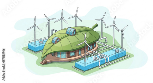 Eco-friendly modern home design with leaf-shaped roof and wind turbines integrated into a sustainable energy power generation system in nature