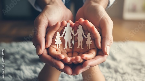 Adult and child hands holding paper cut family figures together