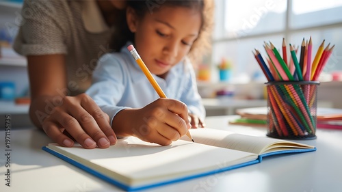 Adult hand guiding a childs hand writing with a pencil in a notebook