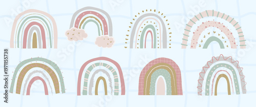 Colorful rainbow illustrations in pastel shades. Each rainbow has unique patterns and designs. Rainbows with clouds and stars. Decorative rainbows in soft colors. Cute element vector set.