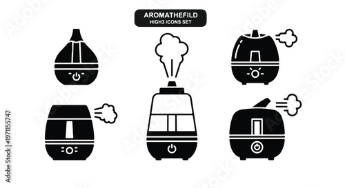 Set of 5 black vector aroma diffuser icons with steam