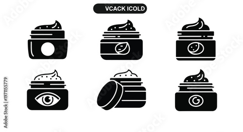 Set of 6 Black Skincare Cream Jar Icons Vector