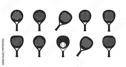 Set of padel racket logo icons vector art featuring stylized padel rackets, balls, and sporty elements, designed in a clean and modern icon style suitable for branding, sports clubs, merchandise, 