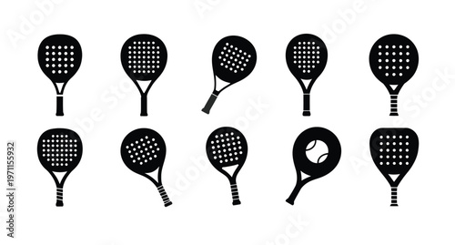 Set of padel racket logo icons vector art showcasing minimal and dynamic racket symbols with ball accents, presented as a cohesive icon collection ideal for padel sports branding, logos, apps