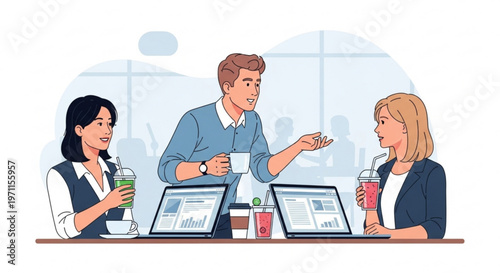 Business team collaborating in modern office with laptops and smoothies during casual meeting professional vector illustration for workplace lifestyle