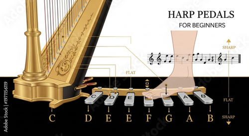 Harp pedals for beginners educational guide with foot position and musical notation professional vector illustration for music learning