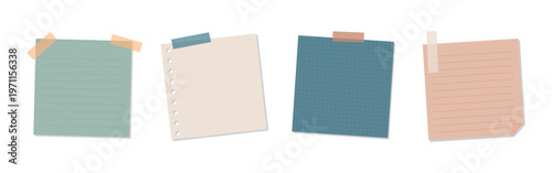Set of four colorful sticky notes. Sticky notes in green, beige, blue, and peach. Notes are taped, lined, and grid-patterned. Sticky notes for reminders. Memo element vector set.