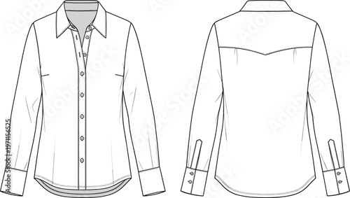 Women long sleeve button down shirt technical fashion flat sketch front and back view apparel vector illustration template outline
