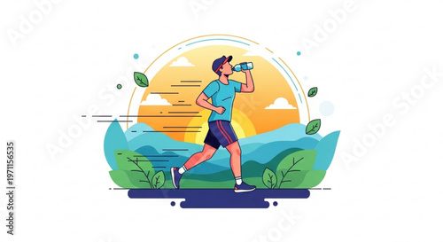 Man jogging at sunrise while drinking water professional vector illustration for fitness healthy lifestyle and athletic training concept