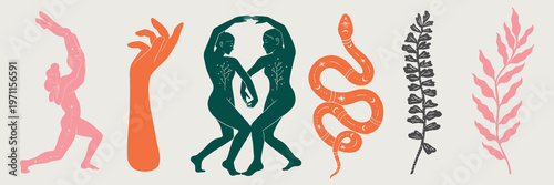 Abstract illustration with human figures, hands, and plants. Features dancing figures, hands, snake, and leaves in vibrant colors. Artistic and symbolic design. Spirituality vector set.